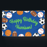 Sports Birthday Party Kids Cute Banner<br><div class="desc">This cute design with soccer balls,  footballs,  basketballs and baseballs is great for a sports theme kids birthday party!  Perfect for a child born in the summer or spring!  Great for boys and girls that love sports!</div>