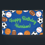 Sports Birthday Party Kids Cute Banner<br><div class="desc">This cute design with soccer balls,  footballs,  basketballs and baseballs is great for a sports theme kids birthday party!  Perfect for a child born in the summer or spring!  Great for boys and girls that love sports!</div>