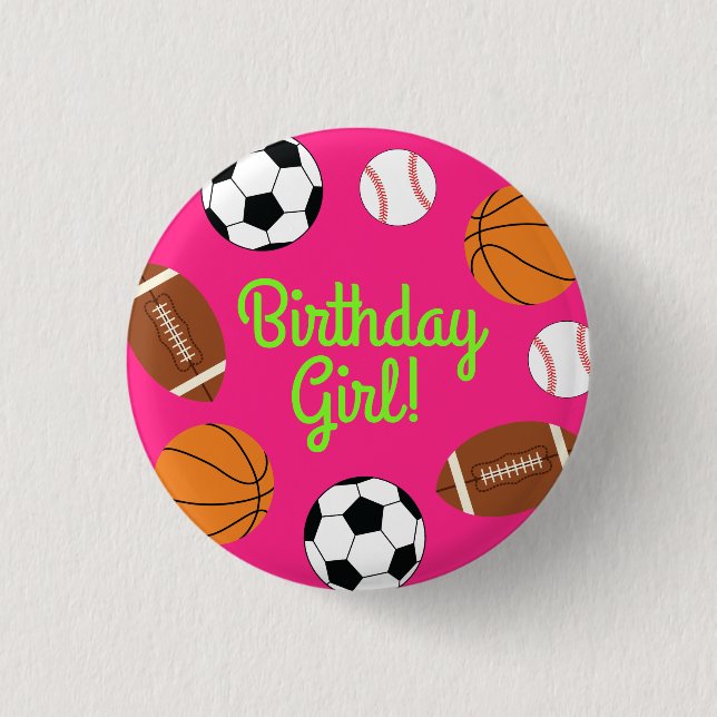 Sports Birthday Party Kids Cute Pink Girls Button (Front)