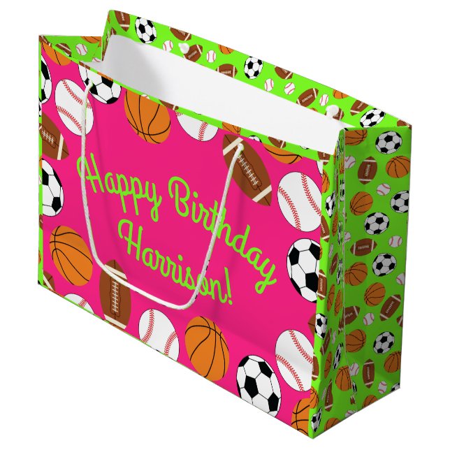 Sports Birthday Party Kids Cute Pink Girls Large Gift Bag (Front Angled)