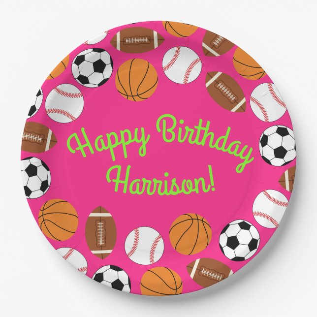 Sports Birthday Party Kids Cute Pink Girls Paper Plates (Front)