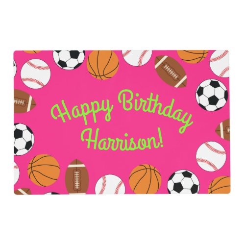 Sports Birthday Party Kids Cute Pink Girls Placemat