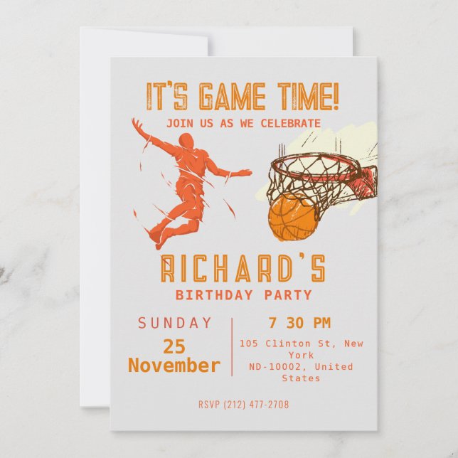 Sports Birthday Theme Basketball Party Invitation (Front)