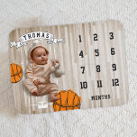 Sports Boy Basketball Milestone Baby Blanket<br><div class="desc">This adorable blanket is the perfect way to document your little one's first year. Track their growth and milestones with the numbered spaces, and personalize it with their name for a truly special keepsake. This stylish blanket features a basketball court design, making it a fun and sporty addition for those...</div>