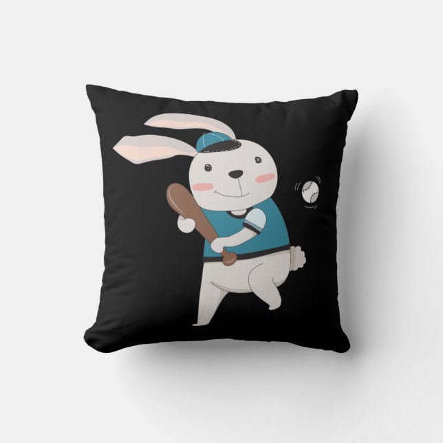 Sports Bunny Rabbit Baseball T-Ball Little League Throw Pillow (Front)