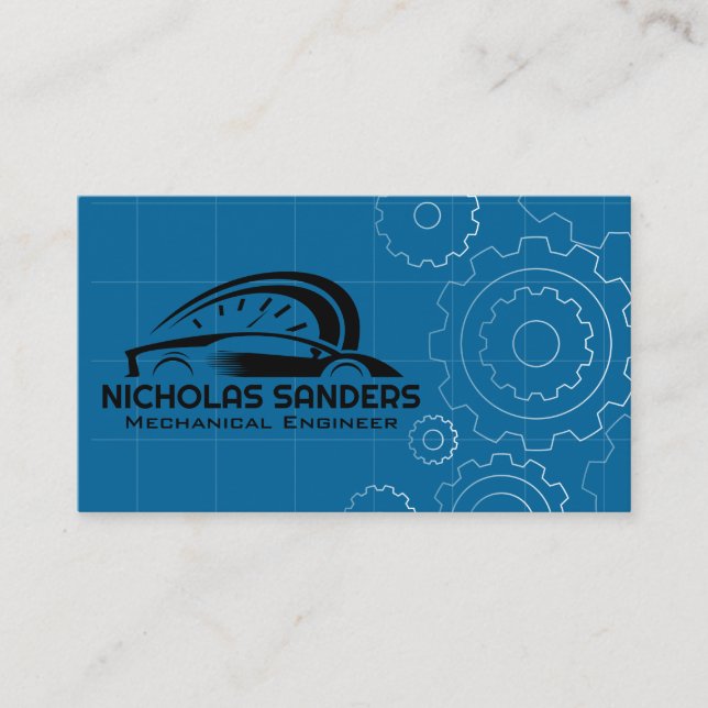 Sports Car Auto Logo | Mechanical Gear Blue Prints Business Card (Front)