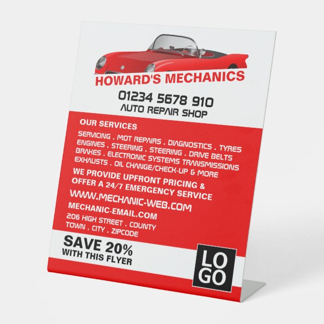 Sports Car, Auto Mechanic & Repairs Advertising Pedestal Sign (Front)