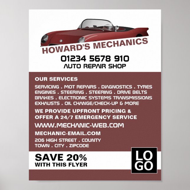 Sports Car, Auto Mechanic & Repairs Advertising Poster (Front)
