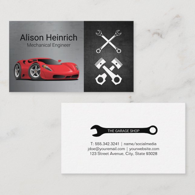 Sports Car | Auto Shop | Pistons Wrenches  Business Card (Front/Back)