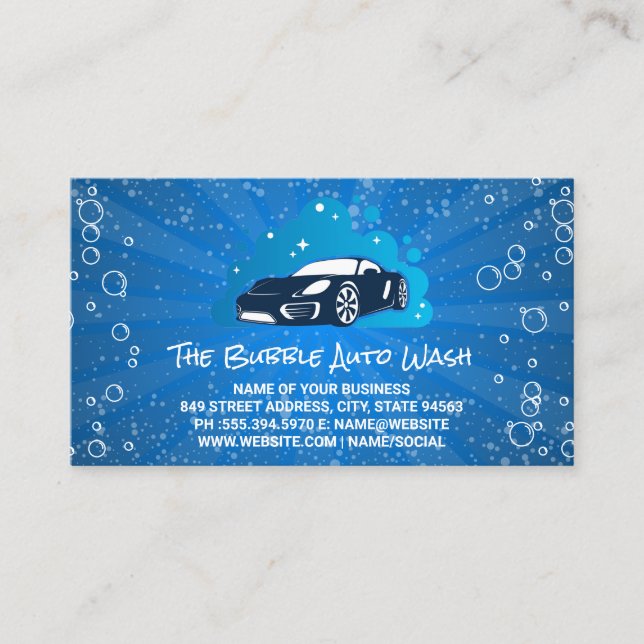Sports Car Auto Wash Logo | Soap Bubbles Business Card (Front)