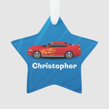 Sports Car Flames Kids Boys Bright Blue With Red Ornament by ChristmasCardShop at Zazzle