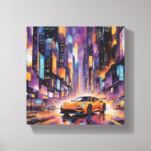 Sports Car in Modern City Night Landscape Canvas Print (Front)