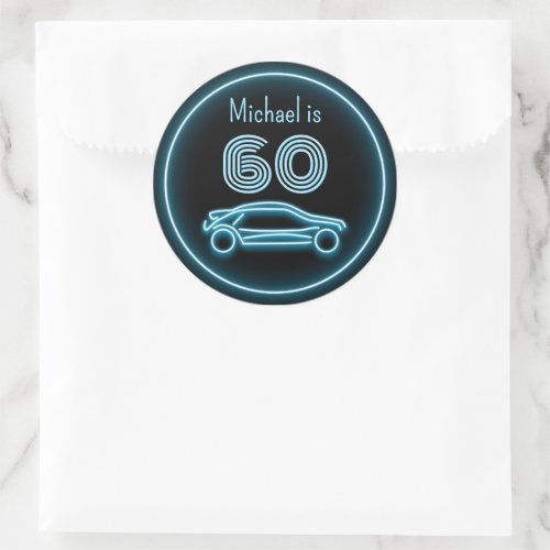 Sports Car in Neon Look Blue _ Own name and age Classic Round Sticker