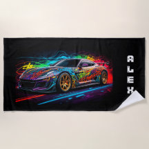 Sports car on graffiti background with first name