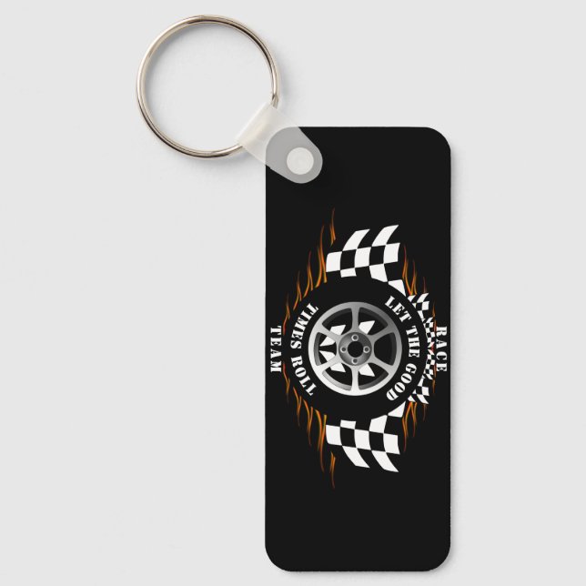 Sports Car Racing Checkered Burnout Flames Cool  Keychain (Front)