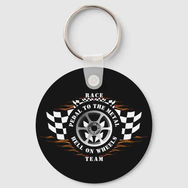 Sports Car Racing Checkered Flag Burnout Flames  Keychain (Back)