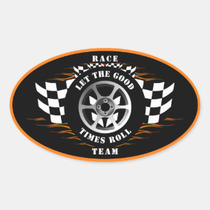 Sports Car Racing Checkered Flag Flames Helmet  Oval Sticker