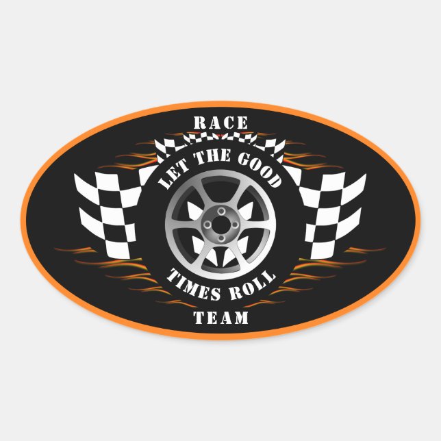 Sports Car Racing Checkered Flag Flames Helmet  Oval Sticker (Front)