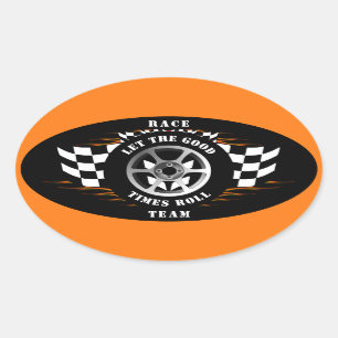 Sports Car Racing Checkered Flag Flames Helmet Oval Sticker