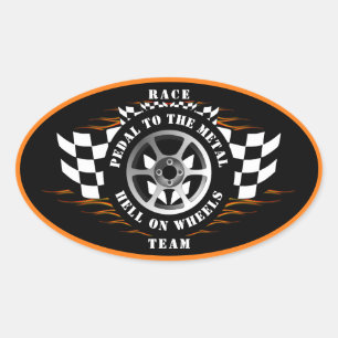 Sports Car Racing Checkered Flag Flames Helmet   Oval Sticker