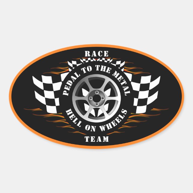Sports Car Racing Checkered Flag Flames Helmet   Oval Sticker (Front)