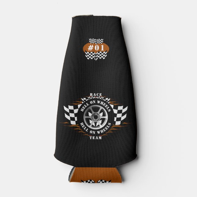 Sports Car Racing Checkered Flags Wheel Flames Pro Bottle Cooler (Front)