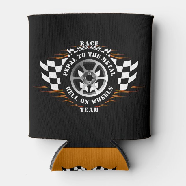 Sports Car Racing Flames Burnout Checkered Flag Can Cooler (Front)
