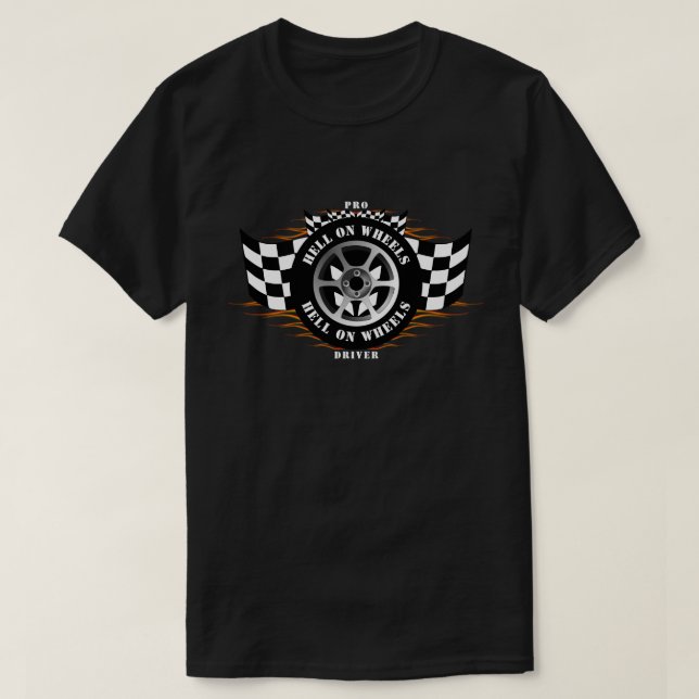 Sports Car Racing Flames Wheel Checkered Flag Pro T-Shirt (Design Front)