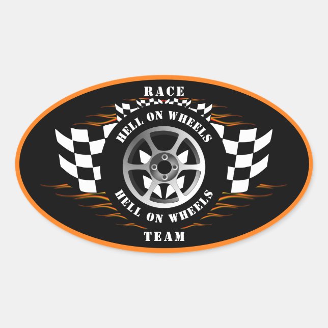 Sports Car Racing Hell On Wheels Racecar Helmet Oval Sticker (Front)