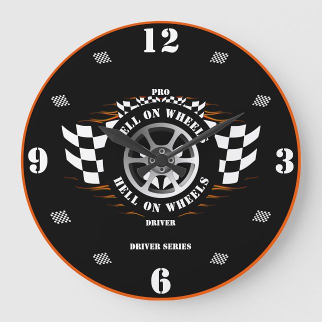 Sports Car Racing Pro Driver Checkered Flag Garage Large Clock (Front)