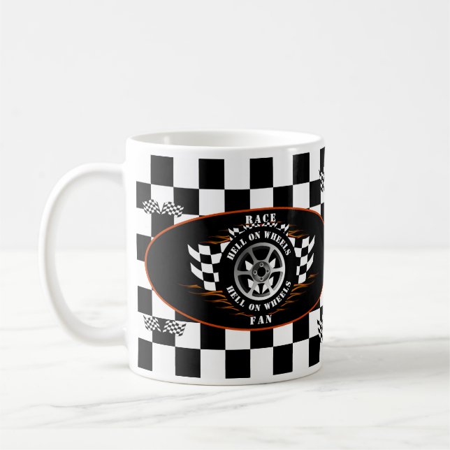 Sports Car Racing Wheel Checkered Flag Flames Pro Coffee Mug (Left)