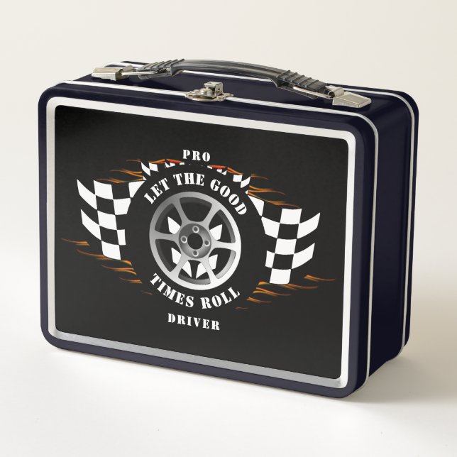 Sports Car Racing Wheel Checkered Flag Flames Pro  Metal Lunch Box (Front)
