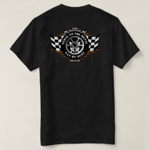 Sports Car Racing Wheel Checkered Flag Flames Pro  T-Shirt