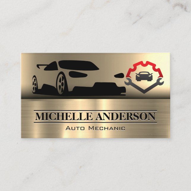 Sports Car | Wrenches | Gold Metallic Business Card (Front)