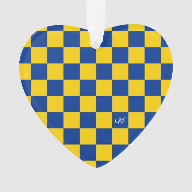 Sports Checkerboard INITIALS Blue Yellow Fan Club Ornament (Front)