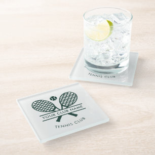 Sports Club Name Tennis Icons Green Rackets Motif Glass Coaster