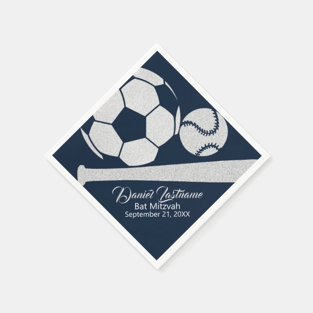 Sports Combo Baseball Soccer Mitzvah Silver Napkins (Corner)
