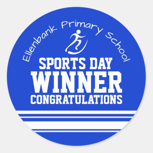 Sports day winner congratulations blue award classic round sticker