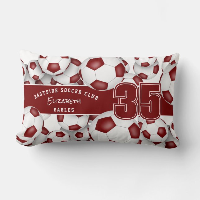 sports decor gifts Lots of soccer balls maroon Lumbar Pillow (Front)