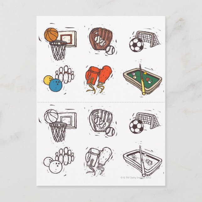 Sports equipment displayed against white postcard (Front)