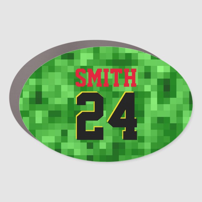 Sports Fan Player NUMBER NAME Green Pixel Grass Car Magnet (Front)
