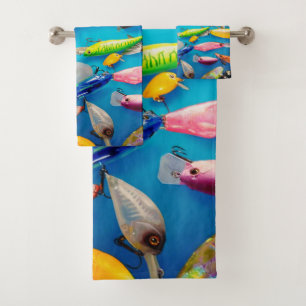 Sports Fisherman Fishing Lures Hooks on Blue Bath Towel Set