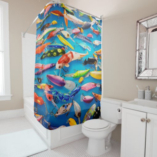 Sports Fisherman Fishing Lures Hooks on Blue Shower Curtain Zazzle