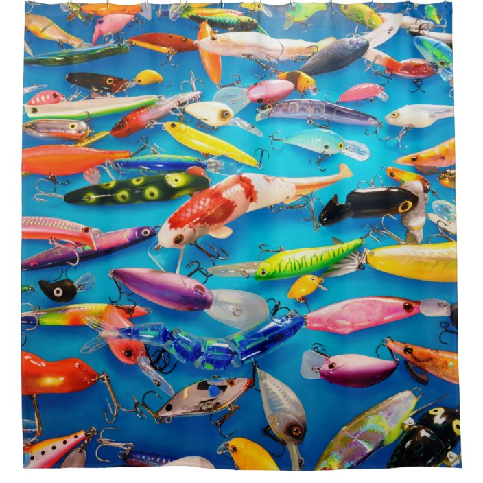 Sports Fisherman Fishing Lures Hooks on Blue Shower Curtain