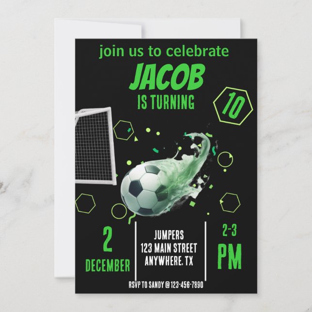 Sports Flying Soccer Goal Birthday Invitation (Front)