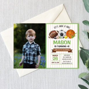 Sports Football Basketball Soccer Birthday Party Invitation