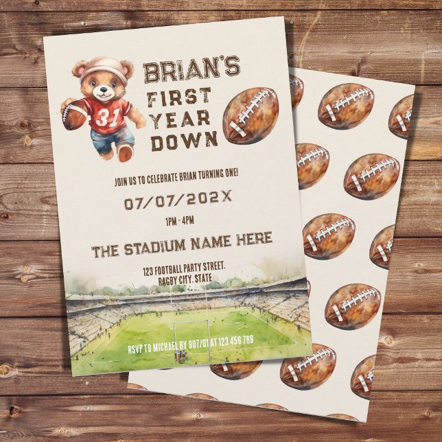 sports football first year down boy 1st  birthday  invitation (Creator Uploaded)
