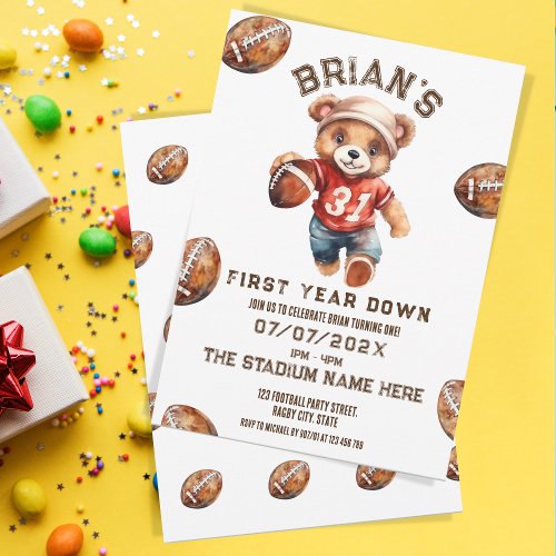 sports football first year down boy 1st birthday  invitation
