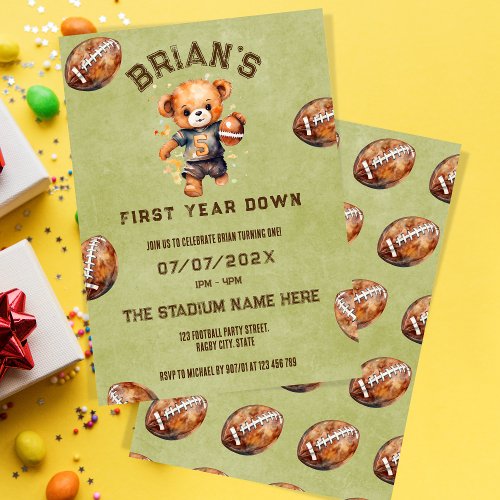 sports football first year down boy 1st  birthday  invitation