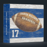 Sports Football Rustic Blue White Stripes Name 3 Ring Binder<br><div class="desc">This sports themed 3 ring binder is perfect for displaying your football trading card collection. This design features a football in the center with a monogrammed name for you to personalize and a number on a blue and white striped rustic faux wood background. Designed by world renowned artist ©Tim Coffey....</div>